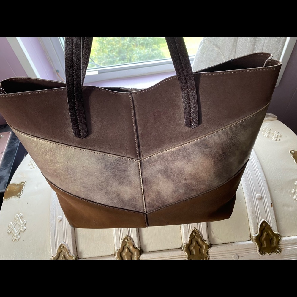 Faux brown suede & metallic chevron shoulder tote